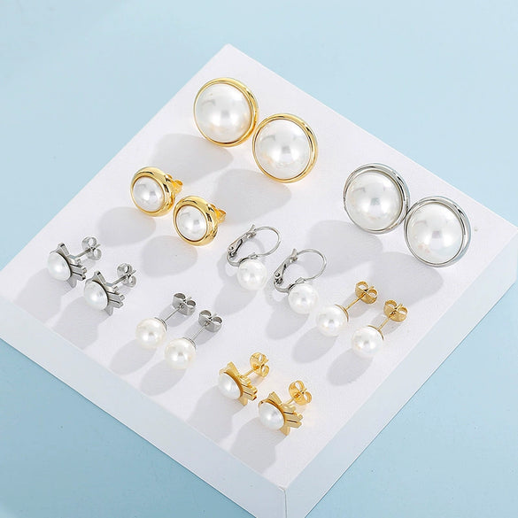 Women's Titanium Steel Geometric Shell Pearl Earrings With Electroplated Fashion Minimalist Design