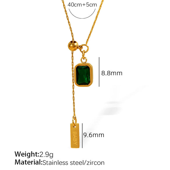 Women's 316L Stainless Steel Geometric Square Emerald Zircon Adjustable Pullout Clavicle Chain Vintage Style Electroplated Necklace