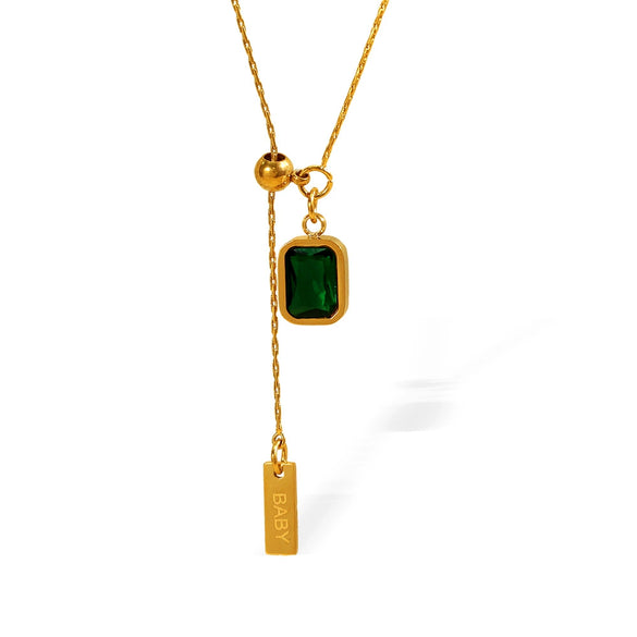 Women's 316L Stainless Steel Geometric Square Emerald Zircon Adjustable Pullout Clavicle Chain Vintage Style Electroplated Necklace