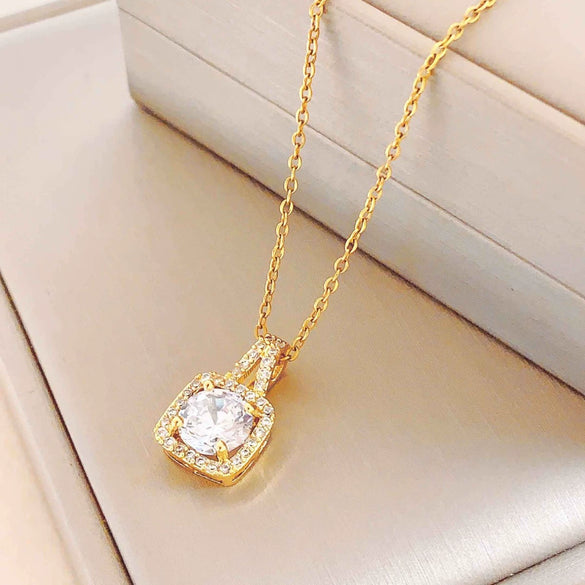 Women's Titanium Steel Geometric Square Necklace Set With Diamonds Mixed Gemstone Setting