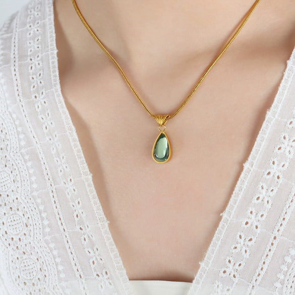 Women's 316L Stainless Steel Glass Stone Water Drop Pendant Necklace With Geometric Pattern And Electroplating Design