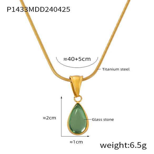 Women's 316L Stainless Steel Glass Stone Water Drop Pendant Necklace With Geometric Pattern And Electroplating Design