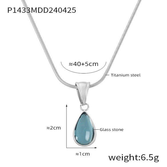 Women's 316L Stainless Steel Glass Stone Water Drop Pendant Necklace With Geometric Pattern And Electroplating Design
