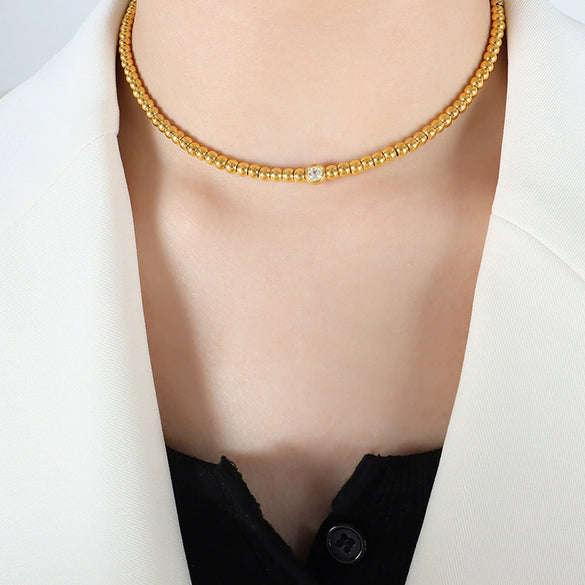Women's 316L Stainless Steel Gold Plated Beaded Chain Jewelry Set With Zircon Pendant