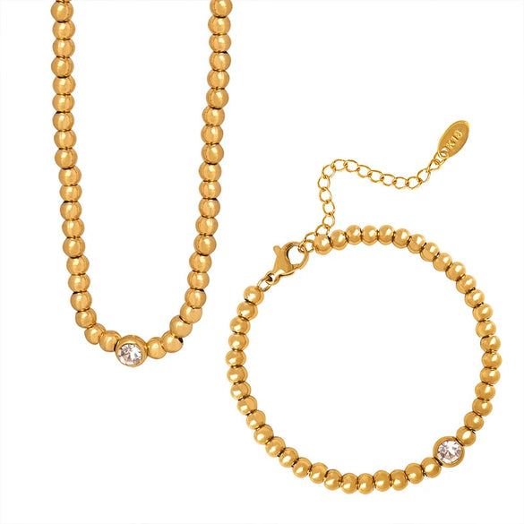 Women's 316L Stainless Steel Gold Plated Beaded Chain Jewelry Set With Zircon Pendant