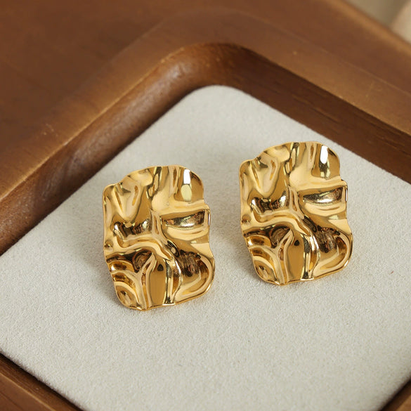 Women's 316L Stainless Steel Gold Plated Geometric Irregular Square Pleated Earrings Jewelry