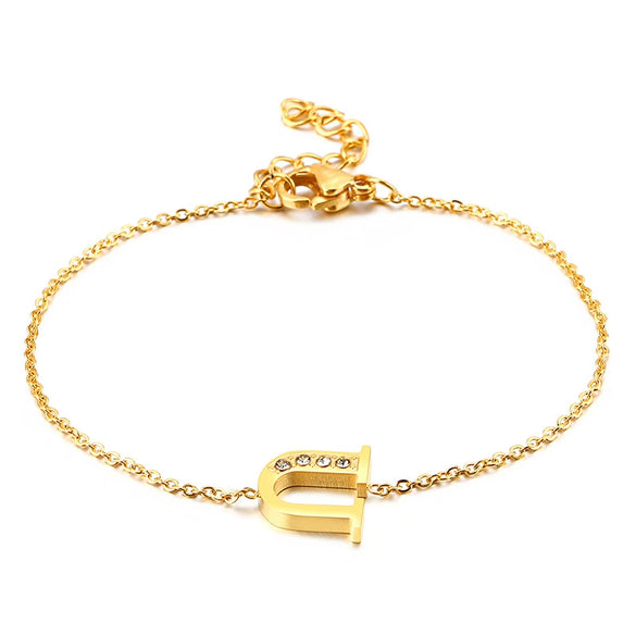 Women's Titanium Steel Gold Tone Electroplated Letter Bracelet With Rhinestone Accents Simple Text Style Jewelry