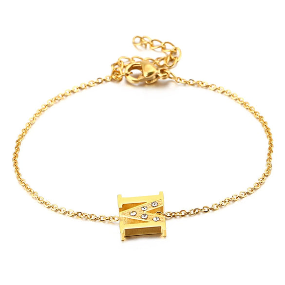 Women's Titanium Steel Gold Tone Electroplated Letter Bracelet With Rhinestone Accents Simple Text Style Jewelry
