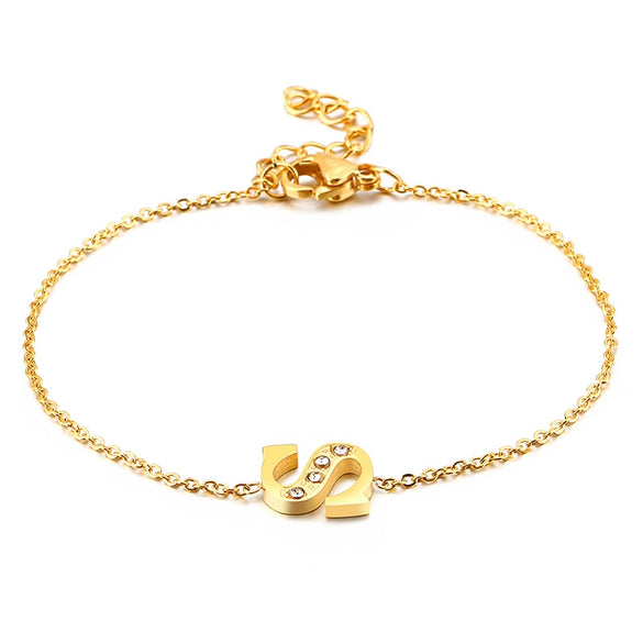 Women's Titanium Steel Gold Tone Electroplated Letter Bracelet With Rhinestone Accents Simple Text Style Jewelry