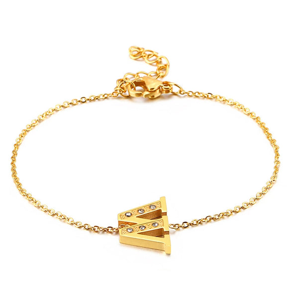 Women's Titanium Steel Gold Tone Electroplated Letter Bracelet With Rhinestone Accents Simple Text Style Jewelry
