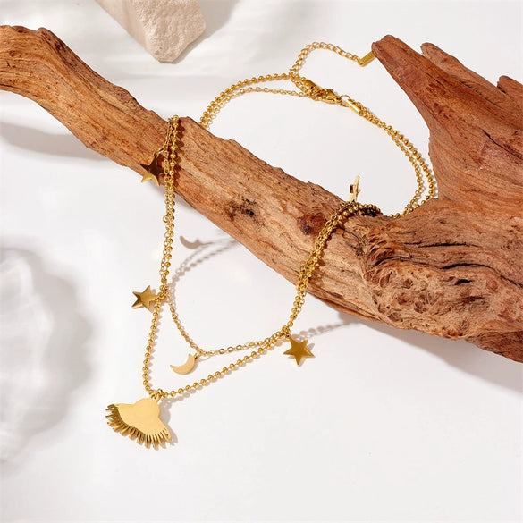 Women's Titanium Steel Goldplated Star And Moon Fanshaped Pendant Necklace