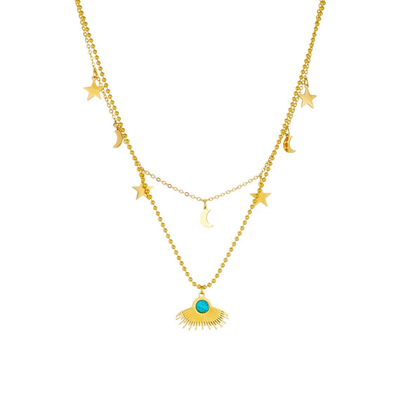 Women's Titanium Steel Goldplated Star And Moon Fanshaped Pendant Necklace