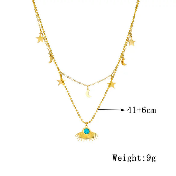 Women's Titanium Steel Goldplated Star And Moon Fanshaped Pendant Necklace