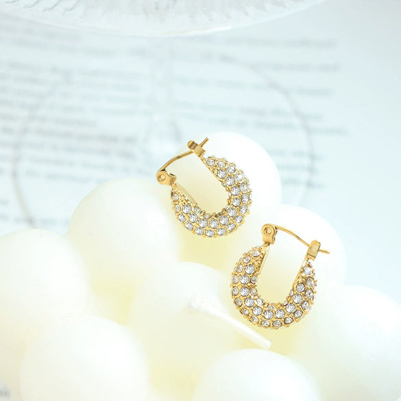 Women's 316L Stainless Steel Goldplated Ushaped Geometric Full Diamond Zircon Inlaid Personality Trendy Fashion Light Luxury Style Earrings
