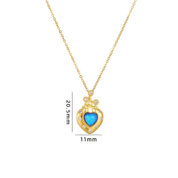 Women's Titanium Steel Heart Castle Necklace Geometric Style Mixed Gem Inlay Electroplating