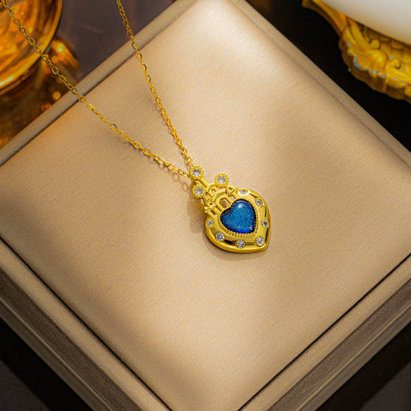 Women's Titanium Steel Heart Castle Necklace Geometric Style Mixed Gem Inlay Electroplating