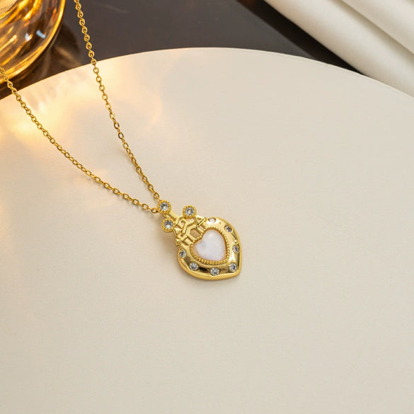Women's Titanium Steel Heart Castle Necklace Geometric Style Mixed Gem Inlay Electroplating