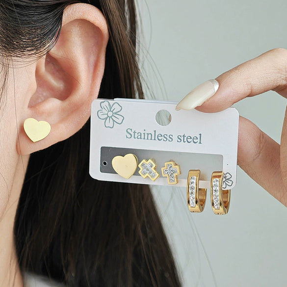 Women's Titanium Steel Heart Cross Electroplated Glossy Earrings