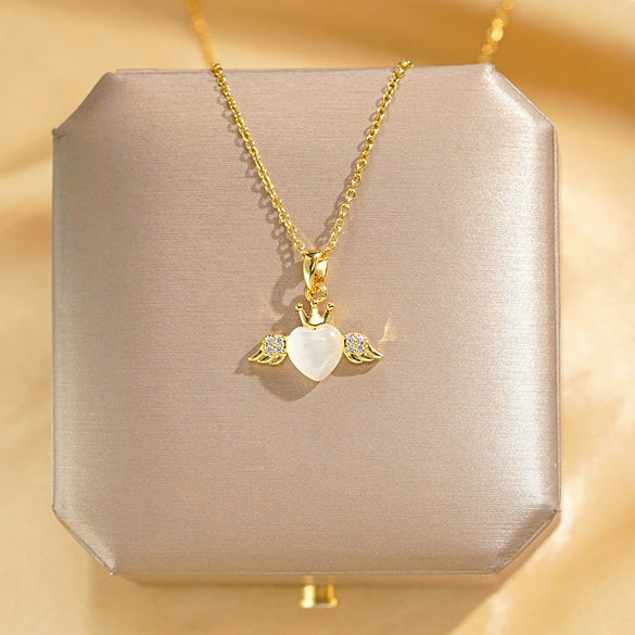 Women's Titanium Steel Heart Pattern Mixed Gem Inlay Necklace With Cross Chain