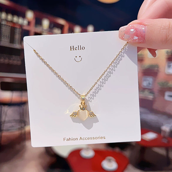 Women's Titanium Steel Heart Pattern Mixed Gem Inlay Necklace With Cross Chain