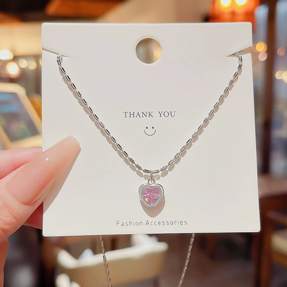Women's Titanium Steel Heart Pendant Necklace With Mixed Gem Inlay And Zircon Inlaid Design Simple Style