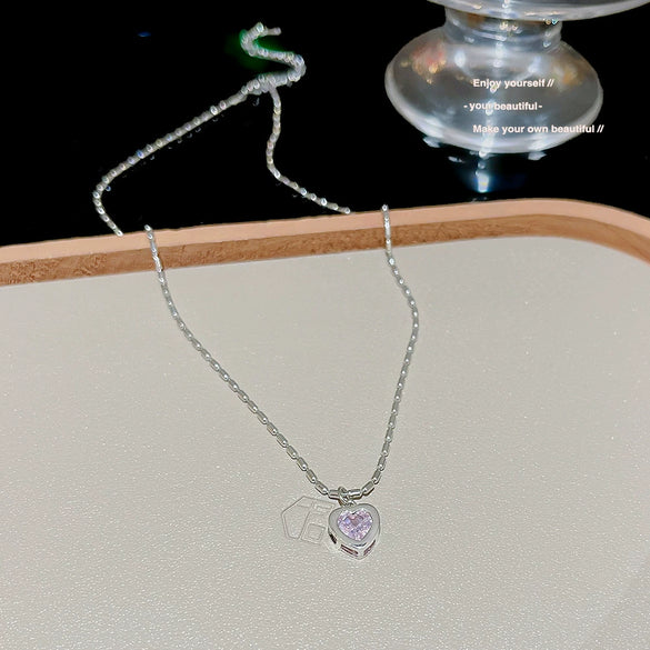 Women's Titanium Steel Heart Pendant Necklace With Mixed Gem Inlay And Zircon Inlaid Design Simple Style