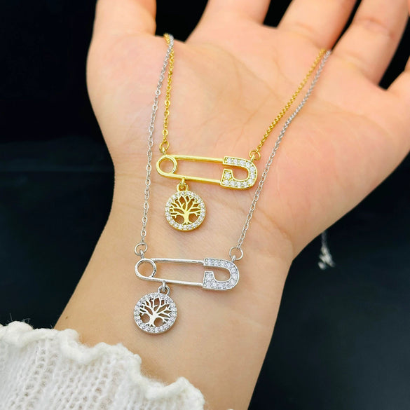 Women's Titanium Steel Heart Shape Light Luxury Geometric O Chain Clavicle Chain Jewelry With Diamond Tree Pin