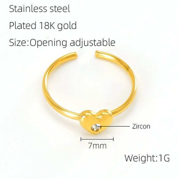 Women's 316L Stainless Steel Heart Shaped Micro Inlaid Zircon Adjustable Ring