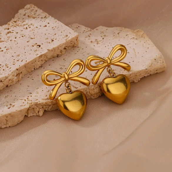 Women's Titanium Steel Heartshaped Bow Pendant Earrings Jewelry Electroplating Style