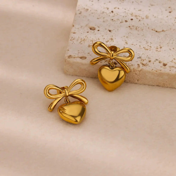 Women's Titanium Steel Heartshaped Bow Pendant Earrings Jewelry Electroplating Style