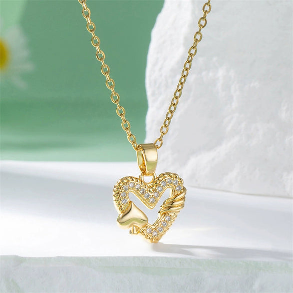 Women's Titanium Steel Heartshaped Geometric Mixed Gem Inlay Electroplated Necklace