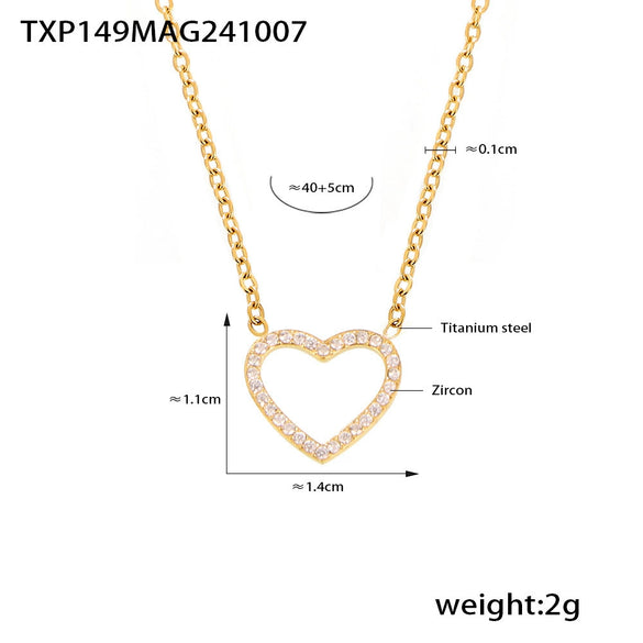 Women's Titanium Steel Heartshaped Handinlaid Zircon Doublelayer Clavicle Necklace Bracelet Set Pvd Electroplated Gold Color Preservation Light Luxury Style