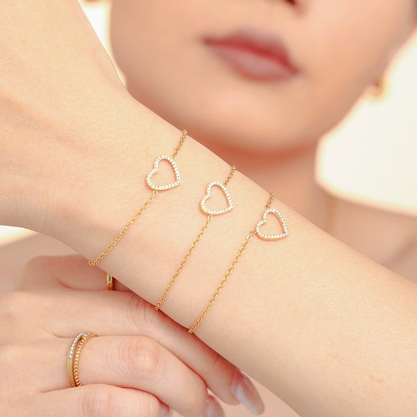Women's 316L Stainless Steel Heartshaped Zircon Doublelayer Clavicle Necklace Bracelet Suit Pvd Electroplated True Gold Color Preservation Light Luxury Style