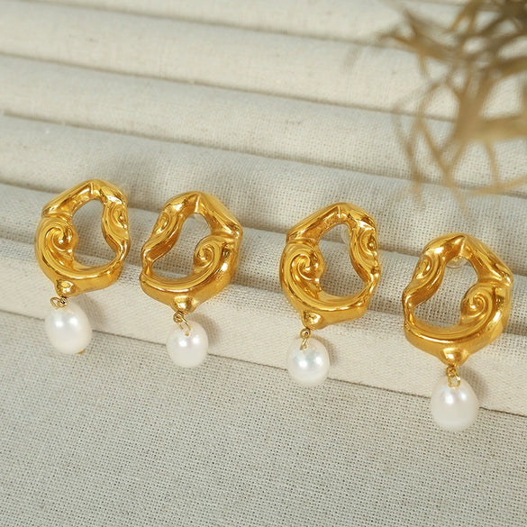 Women's 316L Stainless Steel Hollow Lava Irregular Freshwater Pearl Pendant Earrings French Retro Light Luxury Electroplated