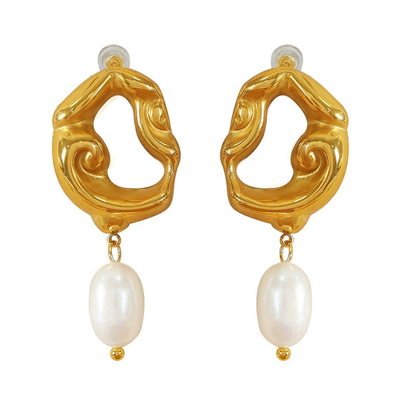 Women's 316L Stainless Steel Hollow Lava Irregular Freshwater Pearl Pendant Earrings French Retro Light Luxury Electroplated