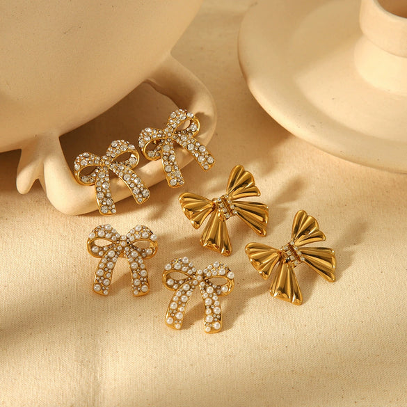 Women's Titanium Steel Inlaid Rhinestone Bow Earrings