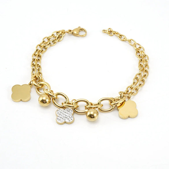 Women's 316L Stainless Steel Jewelry Fashion Allmatch Geometric Fourleaf Clover Electroplated Sticky Drill Bracelet With Pearl