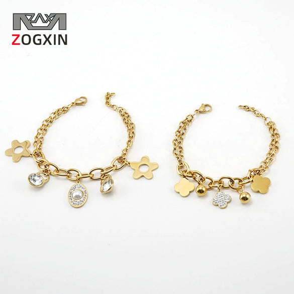 Women's 316L Stainless Steel Jewelry Fashion Allmatch Geometric Fourleaf Clover Electroplated Sticky Drill Bracelet With Pearl