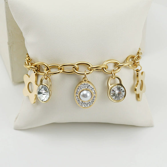 Women's 316L Stainless Steel Jewelry Fashion Allmatch Geometric Fourleaf Clover Electroplated Sticky Drill Bracelet With Pearl