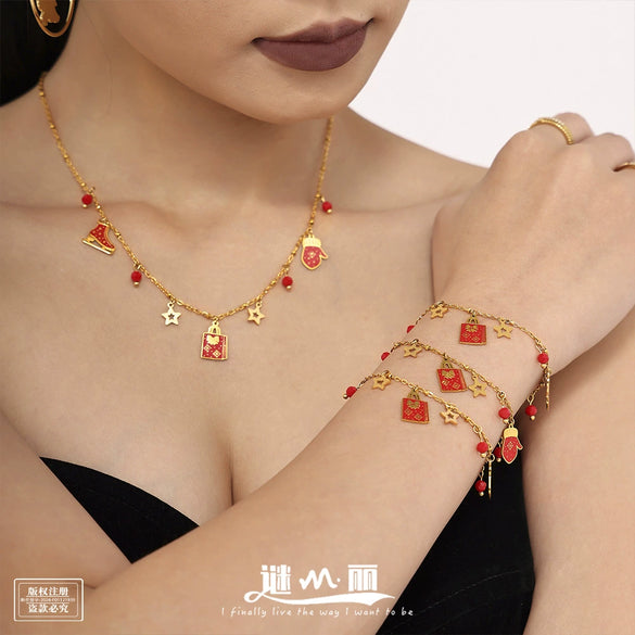 Women’s Titanium Steel Jewelry Set With Enamel Glaze Earrings Necklace And Bracelet Simple Electroplated Design