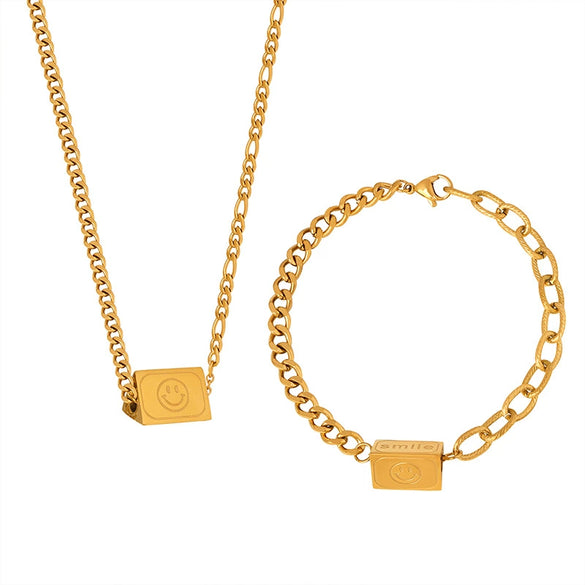 Women's Titanium Steel Jewelry With Triangle Letter Smiley Pendant Electroplated Necklace And Bracelet
