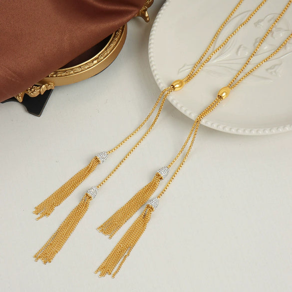 Women's 316L Stainless Steel 18K Gold Plated Diamond Tassel Woolen Chain Necklace With Geometric Design