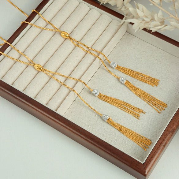 Women's 316L Stainless Steel 18K Gold Plated Diamond Tassel Woolen Chain Necklace With Geometric Design