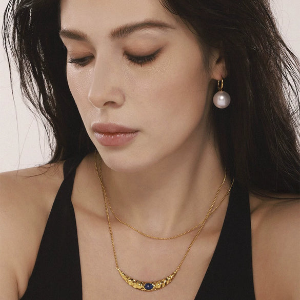 Women's Titanium Steel Lapis Lazuli Geometric Crescentshaped Electroplated Doublelayer Stacked Necklace And Imitation Pearl Earrings Combination