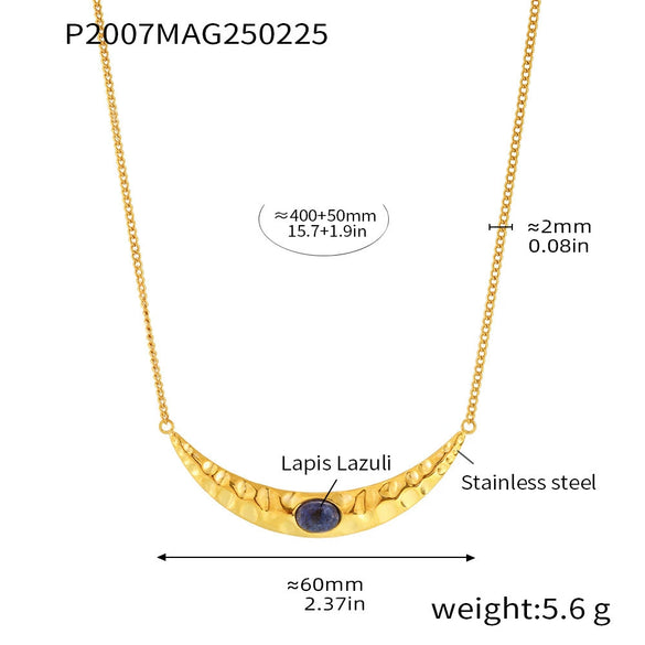 Women's Titanium Steel Lapis Lazuli Geometric Crescentshaped Electroplated Doublelayer Stacked Necklace And Imitation Pearl Earrings Combination