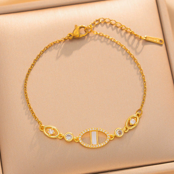 Women's Titanium Steel Letter Bracelet With Rhinestone Accents And 18K Gold Plated Brass Hardware
