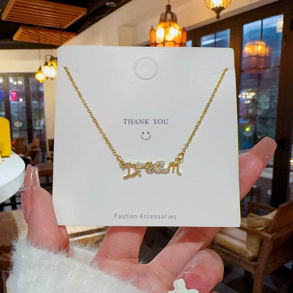 Women's Titanium Steel Letter Pendant Necklace With Mixed Gem Inlay And Zircon Design