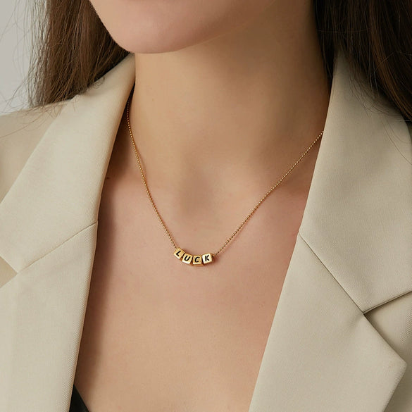 Women's Titanium Steel Letter Pendant Necklace With Square Alphabet Charm Electroplated Ball Chain Clavicle Jewelry