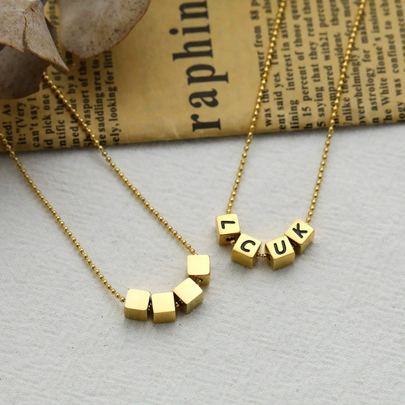 Women's Titanium Steel Letter Pendant Necklace With Square Alphabet Charm Electroplated Ball Chain Clavicle Jewelry