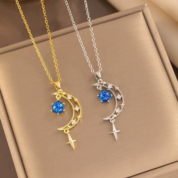 Women's Titanium Steel Light Luxury Blue Star Moon Niche Zircon Necklace With Electroplating Ochain